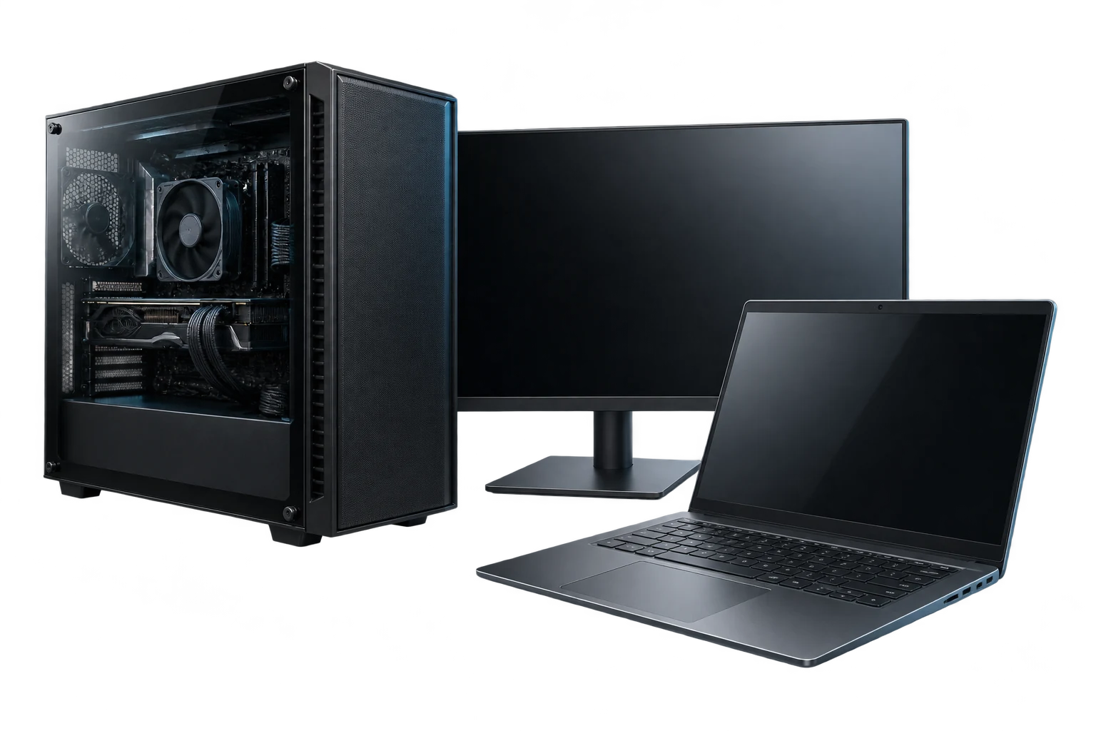 PC fixe, écran et PC portable